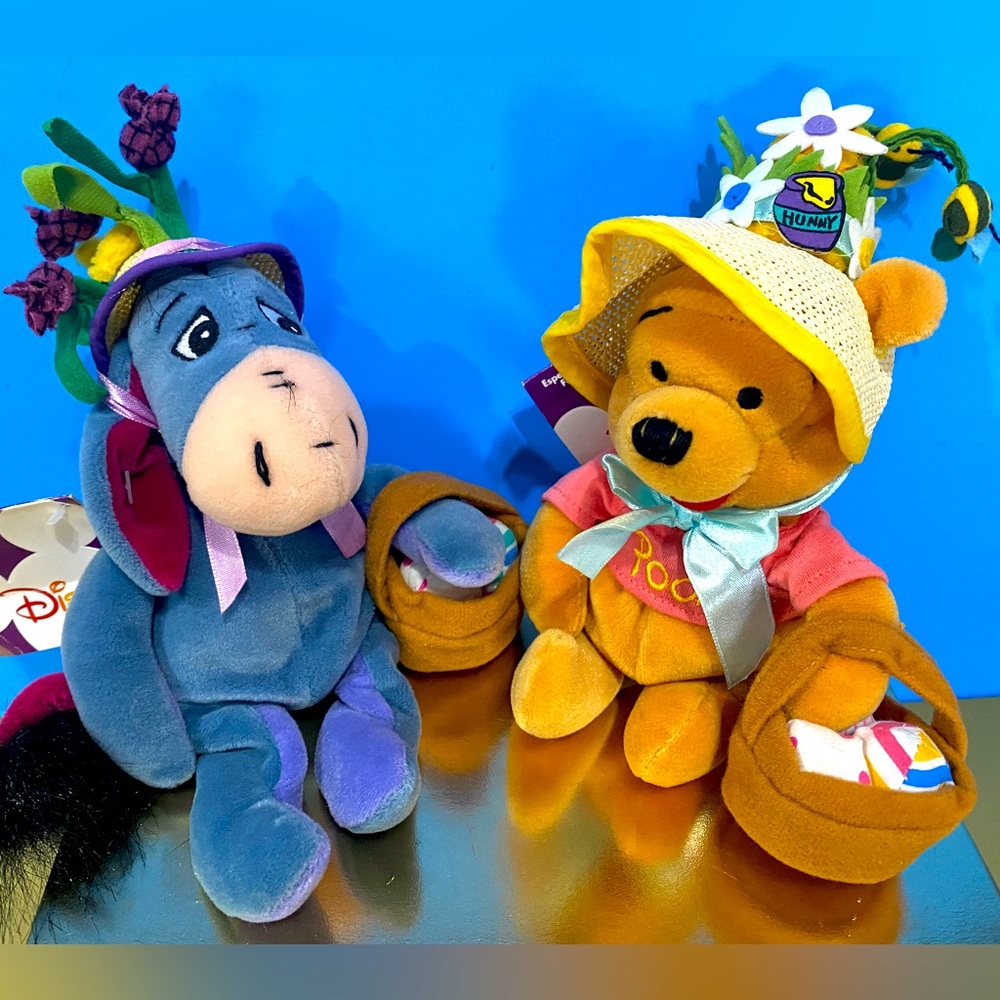 DISNEY STORE NWT VTG 90s WINIE THE POOH & EEYORE EASTER BONNET BEAN BAG PLUSH